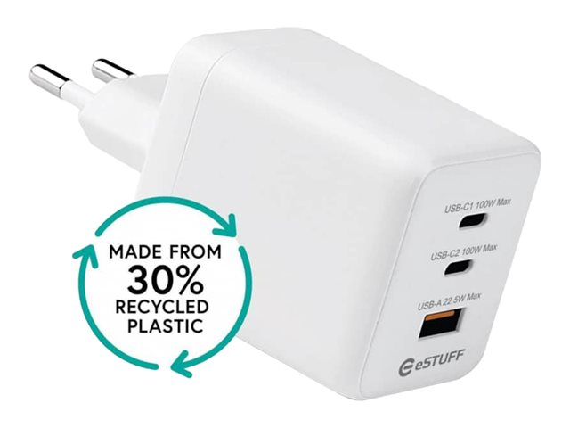 100W GaN. 2 x USB-C. 1 x USB-A White. 30% recycled plas